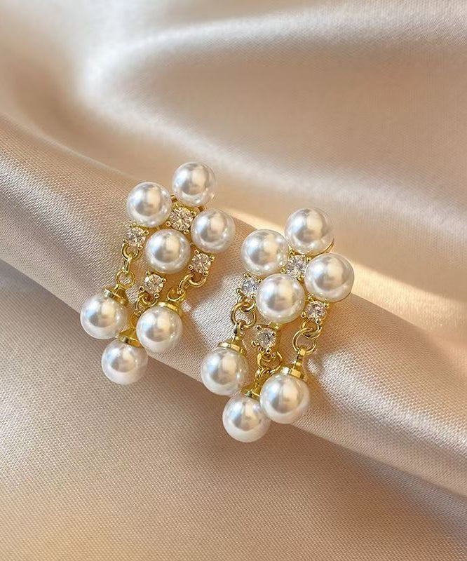Fashion White Copper Alloy Zircon Pearl Tassel Drop Earrings - Image 3
