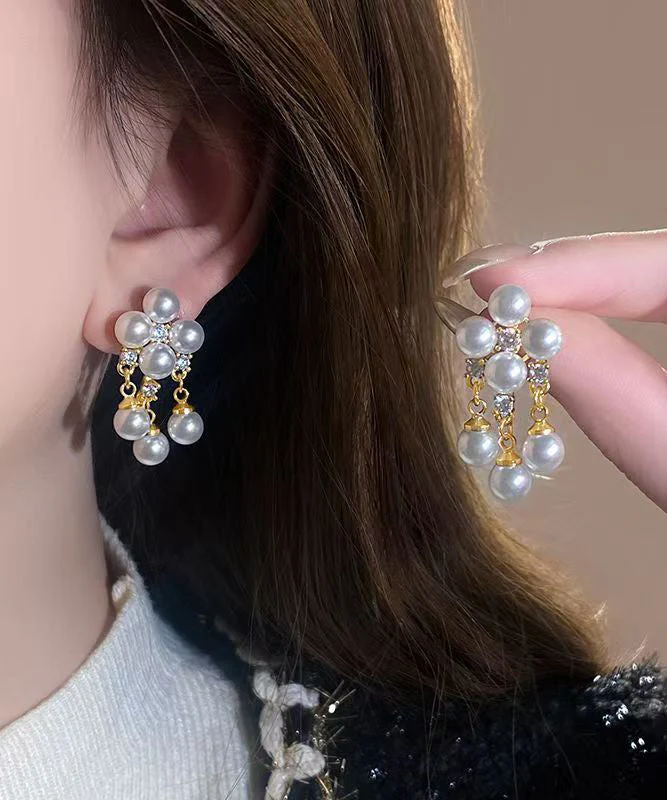 Fashion White Copper Alloy Zircon Pearl Tassel Drop Earrings - Image 4