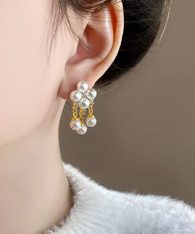 Fashion White Copper Alloy Zircon Pearl Tassel Drop Earrings - Image 5