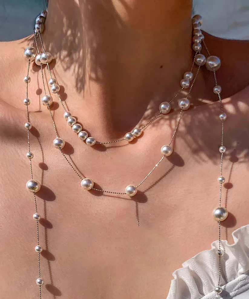 Fashion White Copper Overgild Double-Layer Pearl Lariat Necklace - Image 3