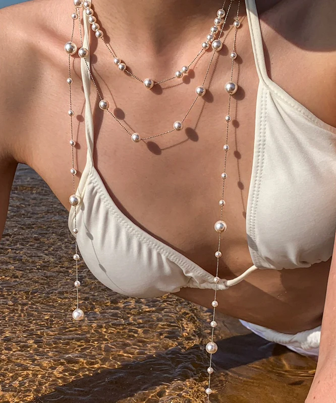 Fashion White Copper Overgild Double-Layer Pearl Lariat Necklace - Image 4