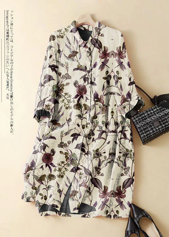 Fashion white flowers Patchwork Linen Shirt Dress Summer