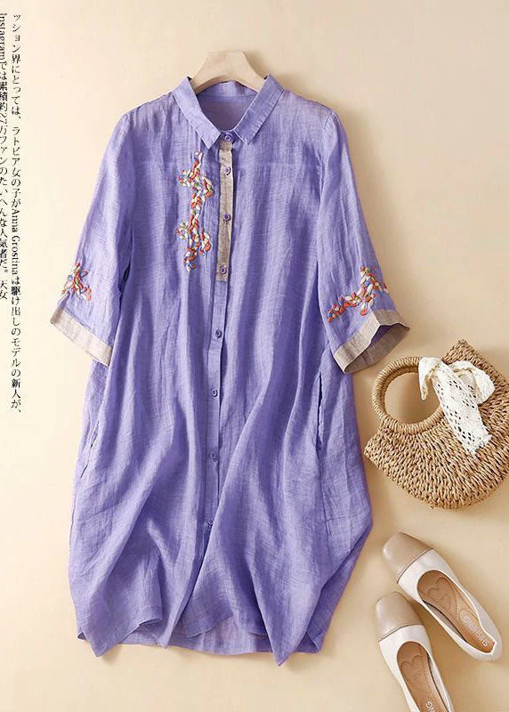 Fashion white flowers Patchwork Linen Shirt Dress Summer - Image 5