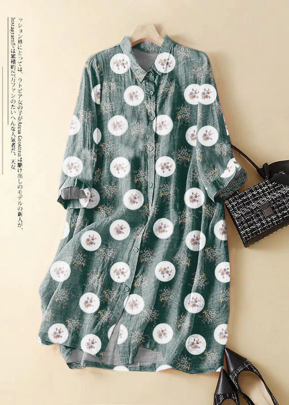 Fashion white flowers Patchwork Linen Shirt Dress Summer - Image 7