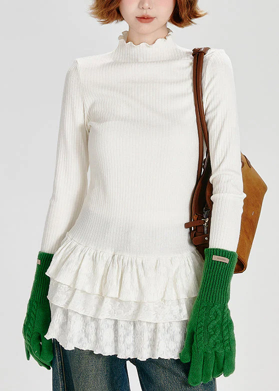 Fashion White Hign Neck Ruffled Patchwork Cotton Top Spring