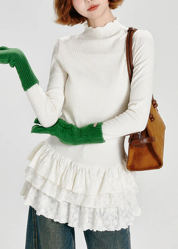 Fashion White Hign Neck Ruffled Patchwork Cotton Top Spring - Image 2