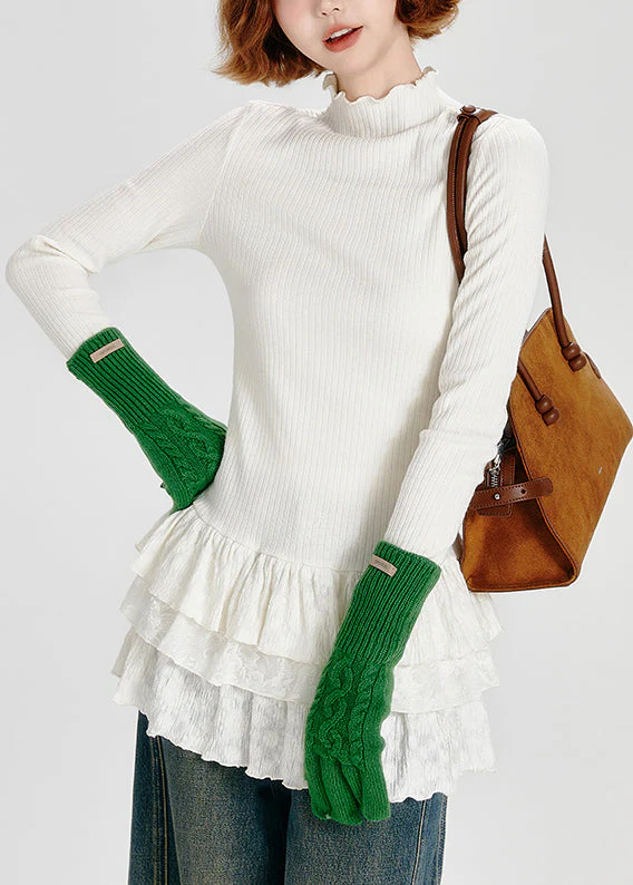 Fashion White Hign Neck Ruffled Patchwork Cotton Top Spring - Image 3
