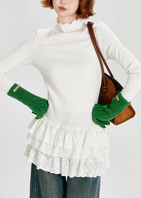Fashion White Hign Neck Ruffled Patchwork Cotton Top Spring - Image 4