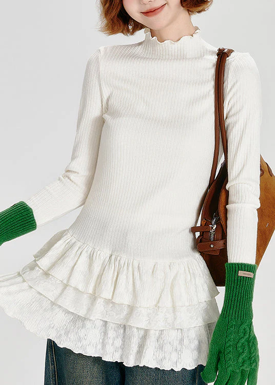 Fashion White Hign Neck Ruffled Patchwork Cotton Top Spring - Image 5