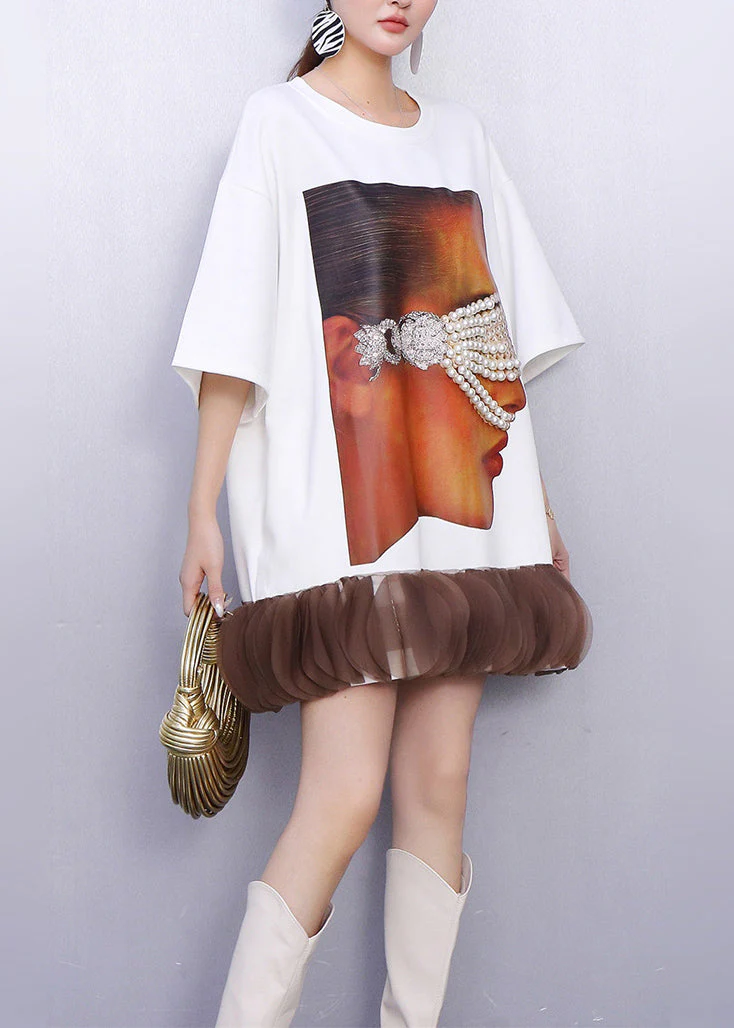 Fashion White Nail Bead Patchwork Cotton Mini Dress Summer - Image 3