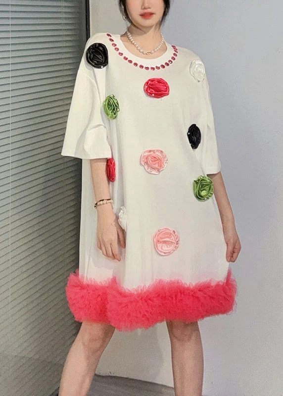Fashion White O Neck Floral Zircon Cotton Mid Dress Summer - Image 2