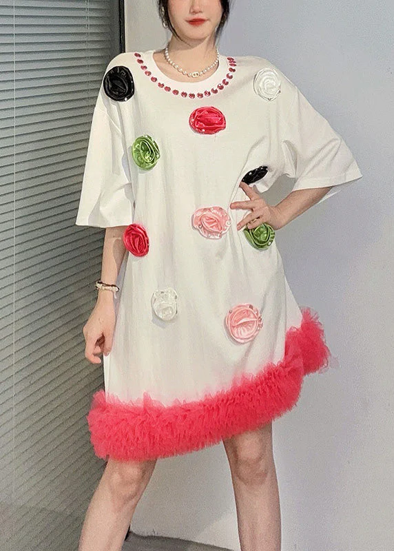 Fashion White O Neck Floral Zircon Cotton Mid Dress Summer - Image 3