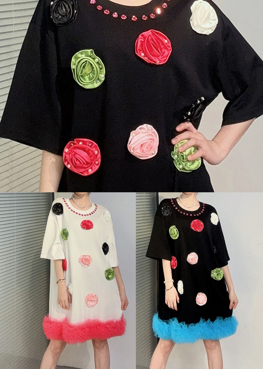 Fashion White O Neck Floral Zircon Cotton Mid Dress Summer - Image 5
