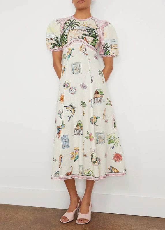 Fashion White O-Neck Puff Sleeve Print Maxi Dresses - Image 2
