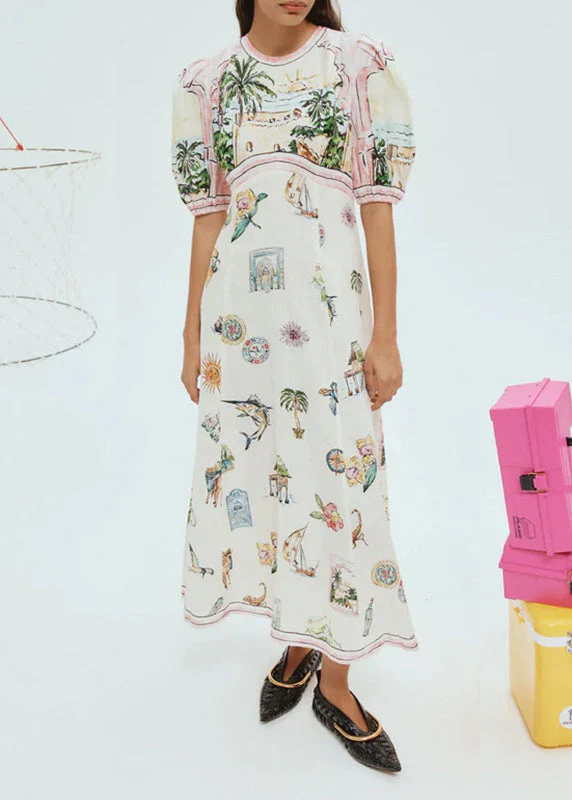 Fashion White O-Neck Puff Sleeve Print Maxi Dresses - Image 3