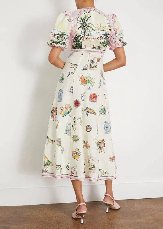 Fashion White O-Neck Puff Sleeve Print Maxi Dresses - Image 4