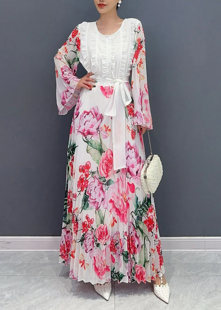 Fashion White O-Neck Ruffled Patchwork Tie Waist Chiffon Long Dress Long Sleeve