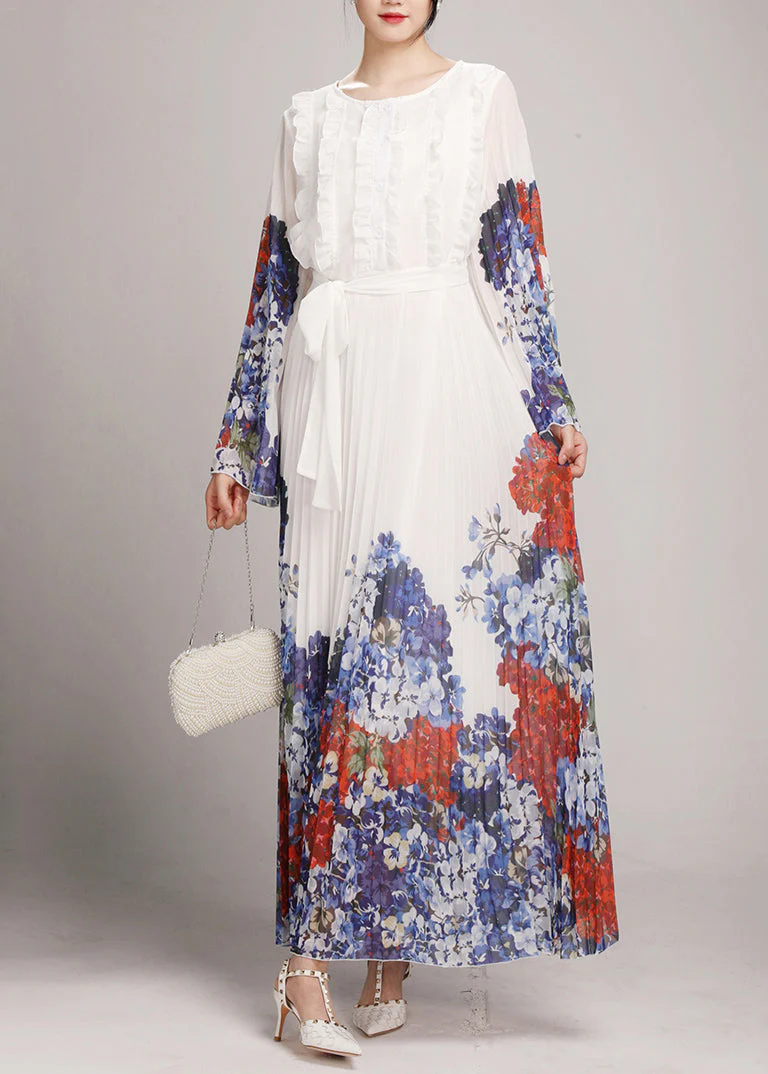 Fashion White O-Neck Ruffled Patchwork Tie Waist Chiffon Long Dress Long Sleeve - Image 2