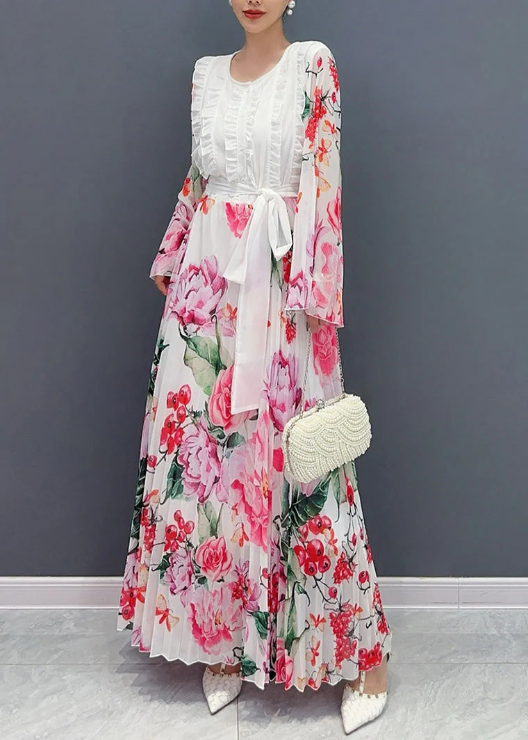 Fashion White O-Neck Ruffled Patchwork Tie Waist Chiffon Long Dress Long Sleeve - Image 3
