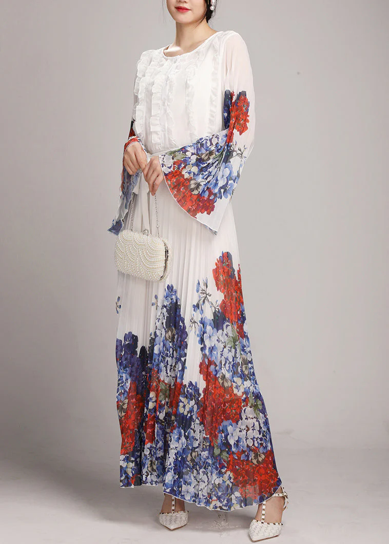 Fashion White O-Neck Ruffled Patchwork Tie Waist Chiffon Long Dress Long Sleeve - Image 4