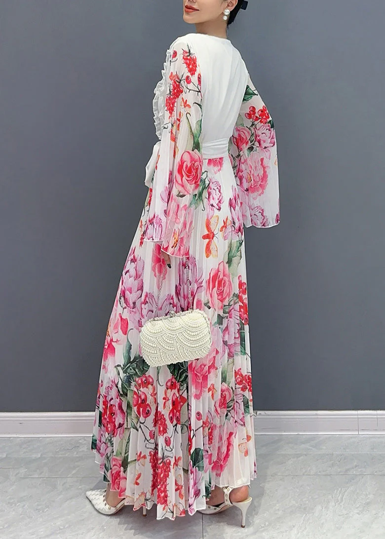 Fashion White O-Neck Ruffled Patchwork Tie Waist Chiffon Long Dress Long Sleeve - Image 5