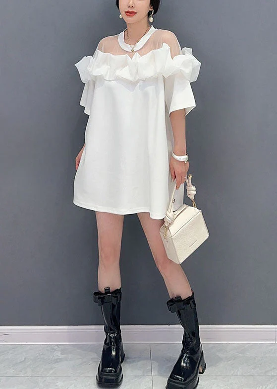 Fashion White O Neck Ruffled Tulle Patchwork Cotton Mid Dress Summer - Image 2