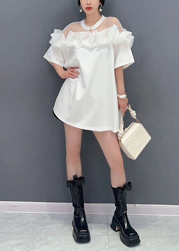 Fashion White O Neck Ruffled Tulle Patchwork Cotton Mid Dress Summer - Image 3