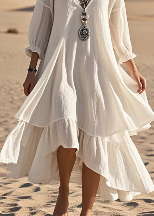 Fashion White Oversized Patchwork Cotton Maxi Dresses Bracelet Sleeve - Image 4