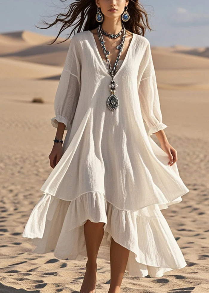 Fashion White Oversized Patchwork Cotton Maxi Dresses Bracelet Sleeve - Image 5