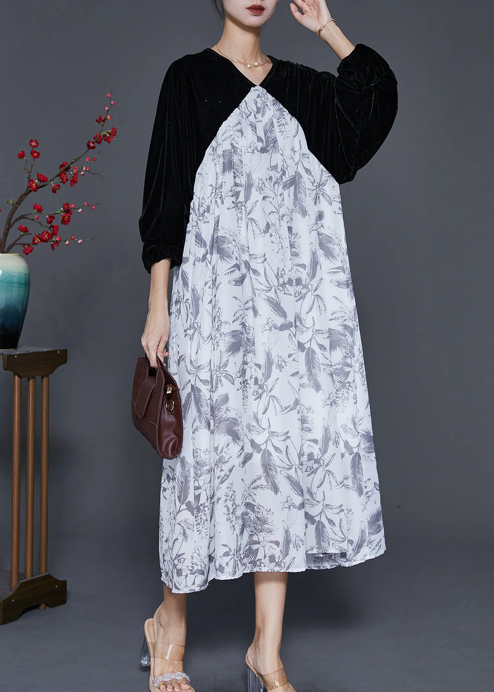 Fashion White Oversized Patchwork Silk Velour Chiffon Dress Spring - Image 3