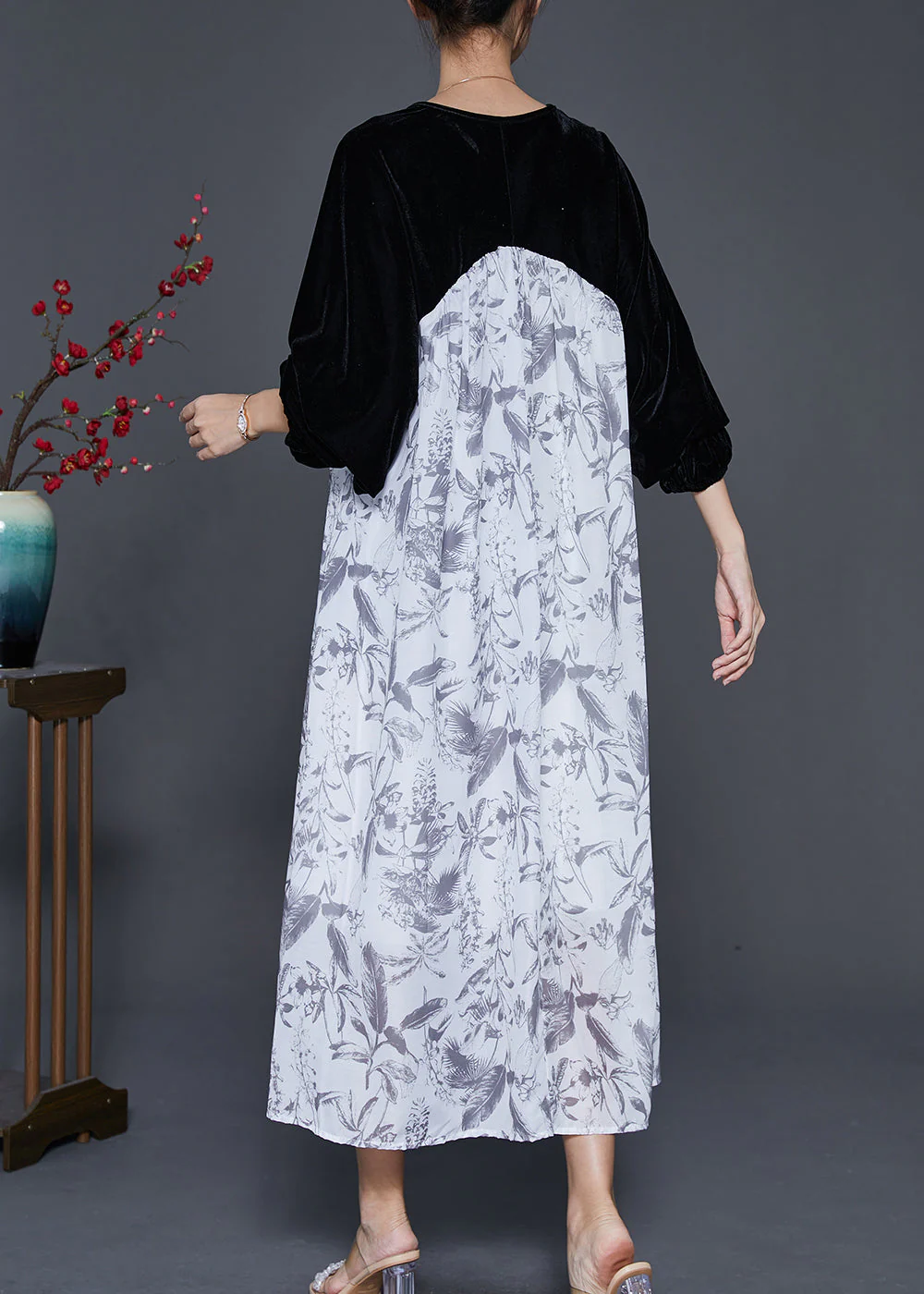 Fashion White Oversized Patchwork Silk Velour Chiffon Dress Spring - Image 4