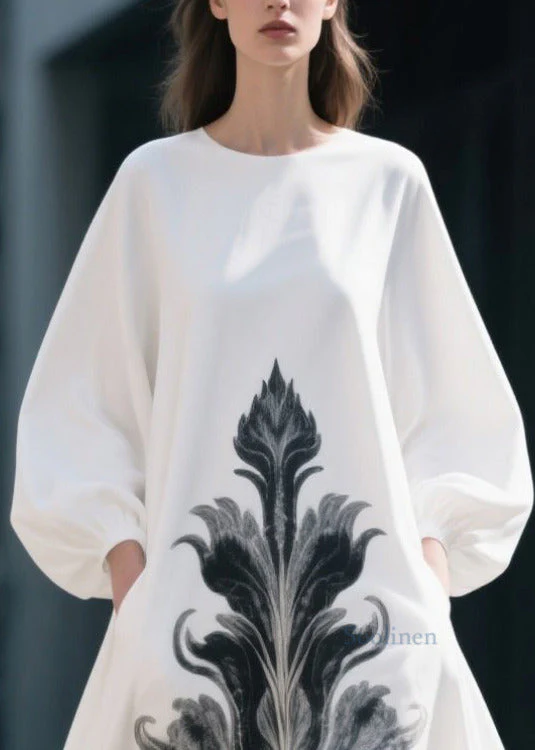 Fashion White Oversized Print Chiffon Dress Lantern Sleeve - Image 2
