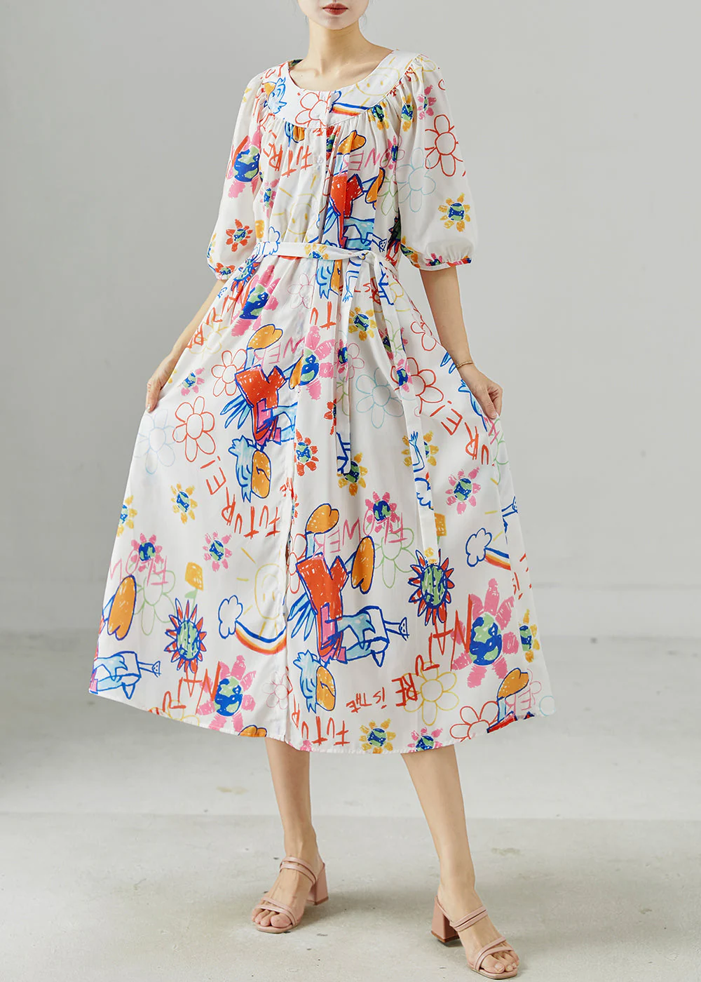 Fashion White Oversized Print Cotton Holiday Dress Summer - Image 3