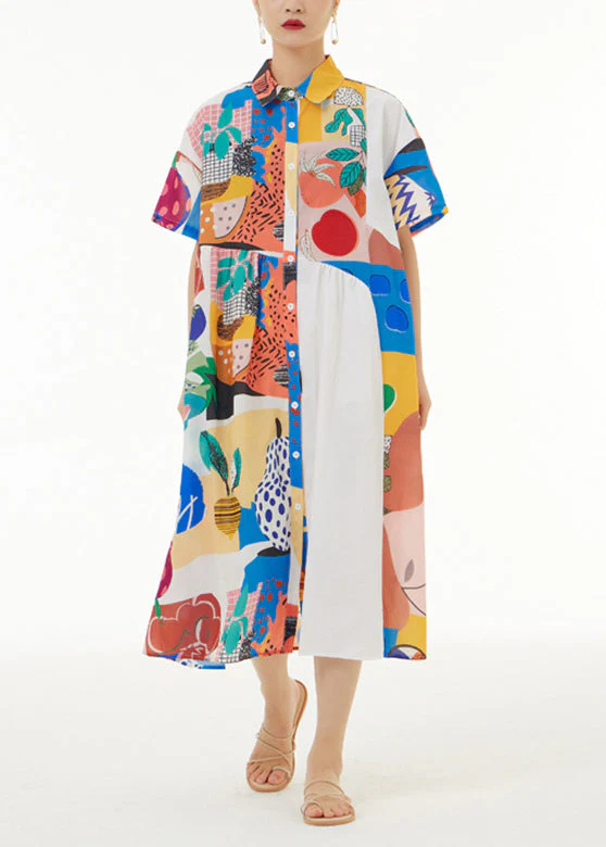Fashion White Peter Pan Collar Print Button Cotton Long Shirt Dress Short Sleeve