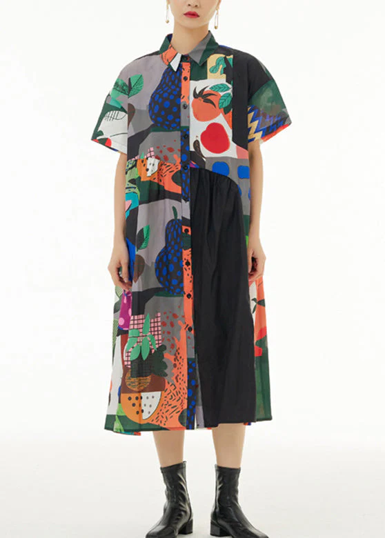 Fashion White Peter Pan Collar Print Button Cotton Long Shirt Dress Short Sleeve - Image 2