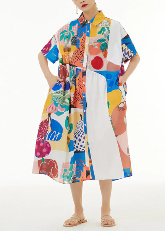 Fashion White Peter Pan Collar Print Button Cotton Long Shirt Dress Short Sleeve - Image 3