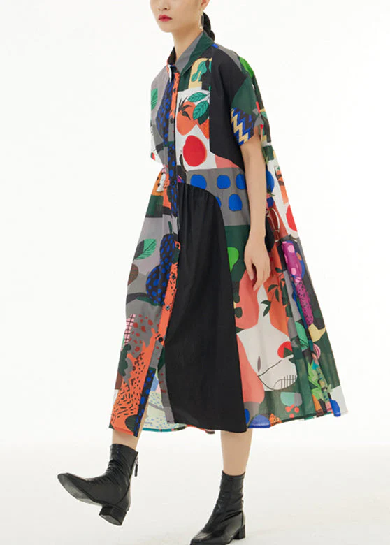 Fashion White Peter Pan Collar Print Button Cotton Long Shirt Dress Short Sleeve - Image 4