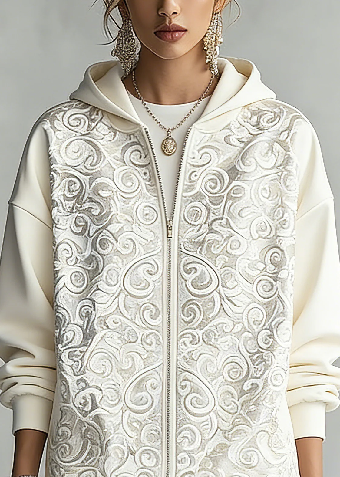 Fashion White Print Zippered Hoodies Fall Outwear - Image 2