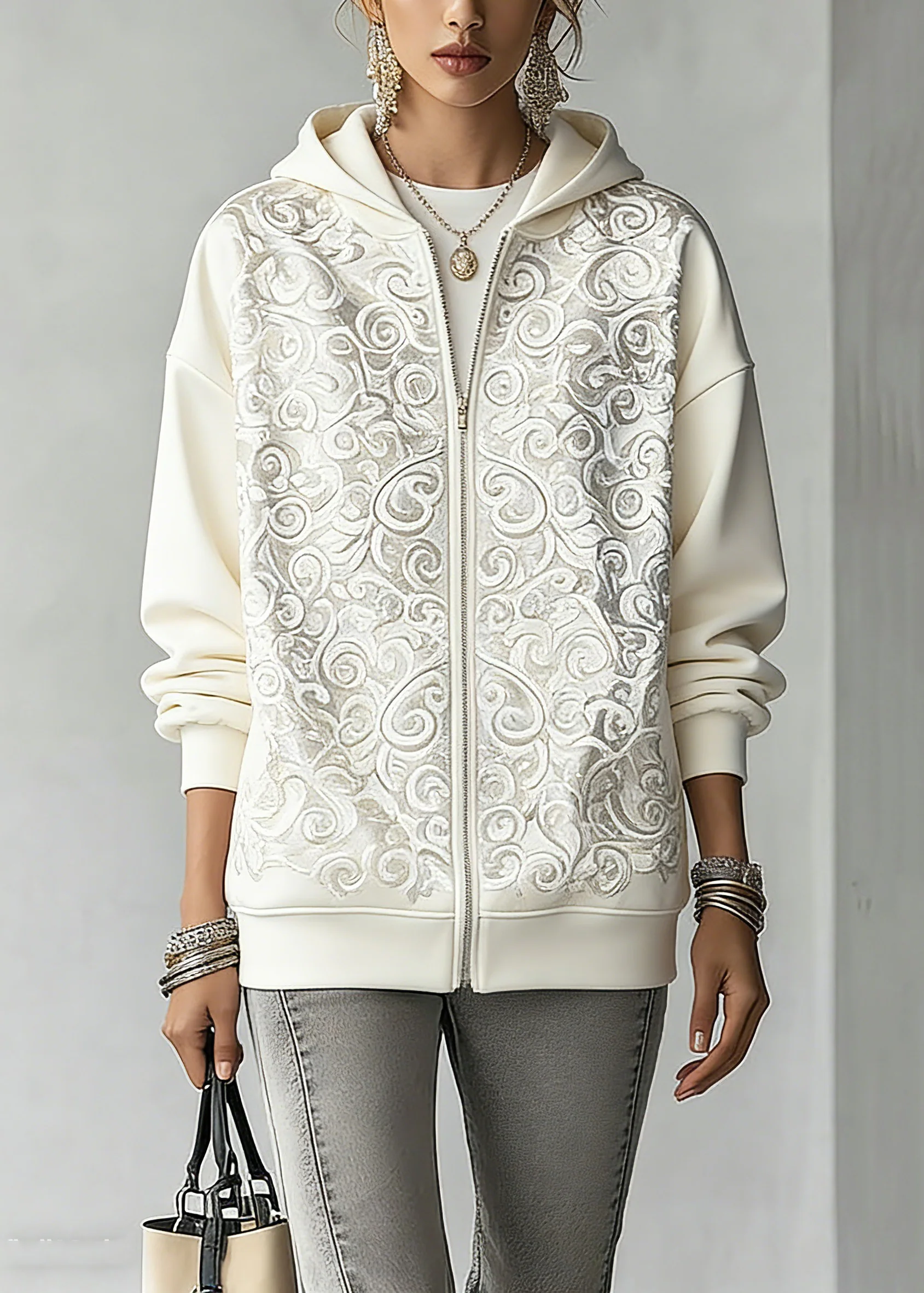 Fashion White Print Zippered Hoodies Fall Outwear - Image 3