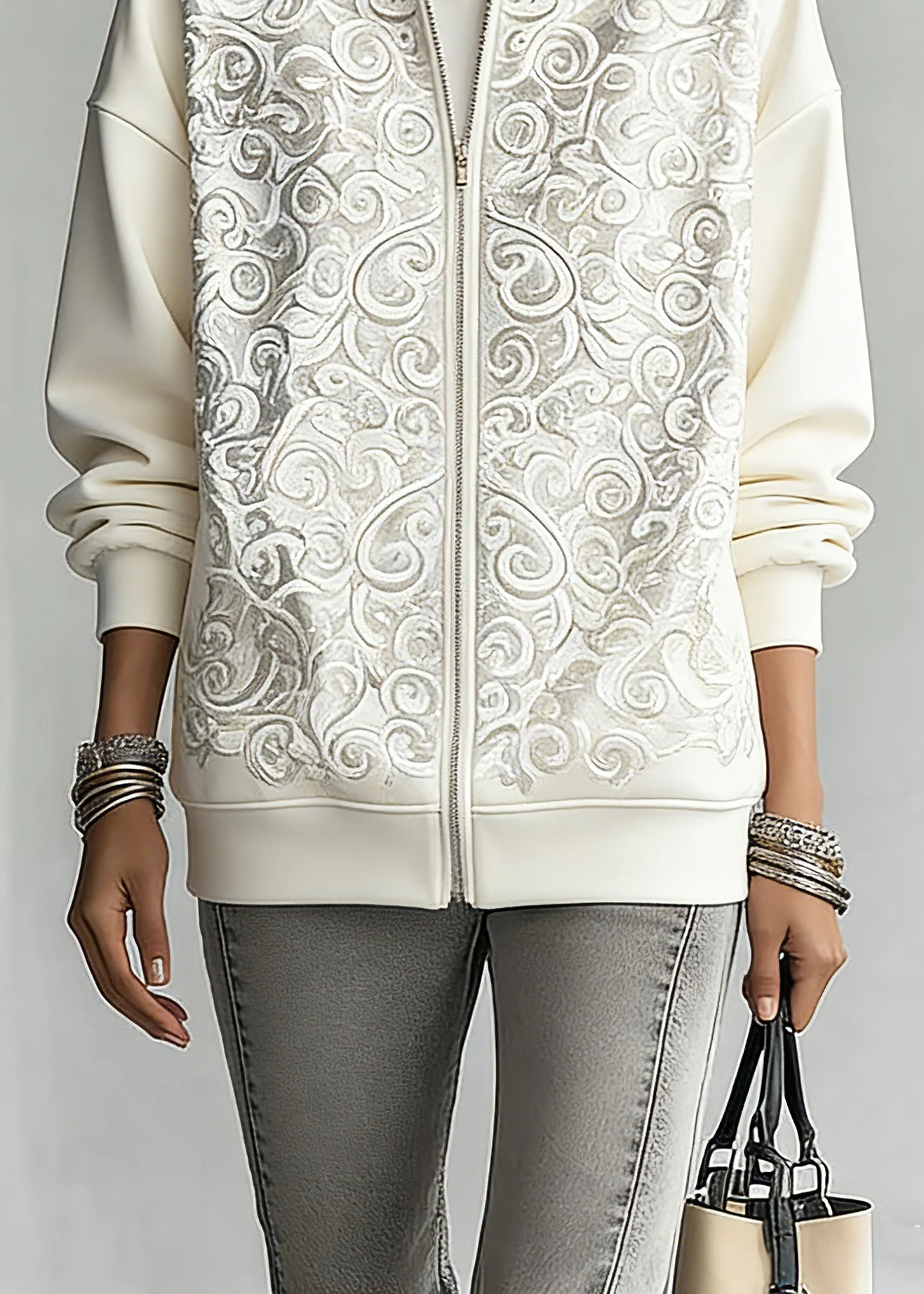 Fashion White Print Zippered Hoodies Fall Outwear - Image 4