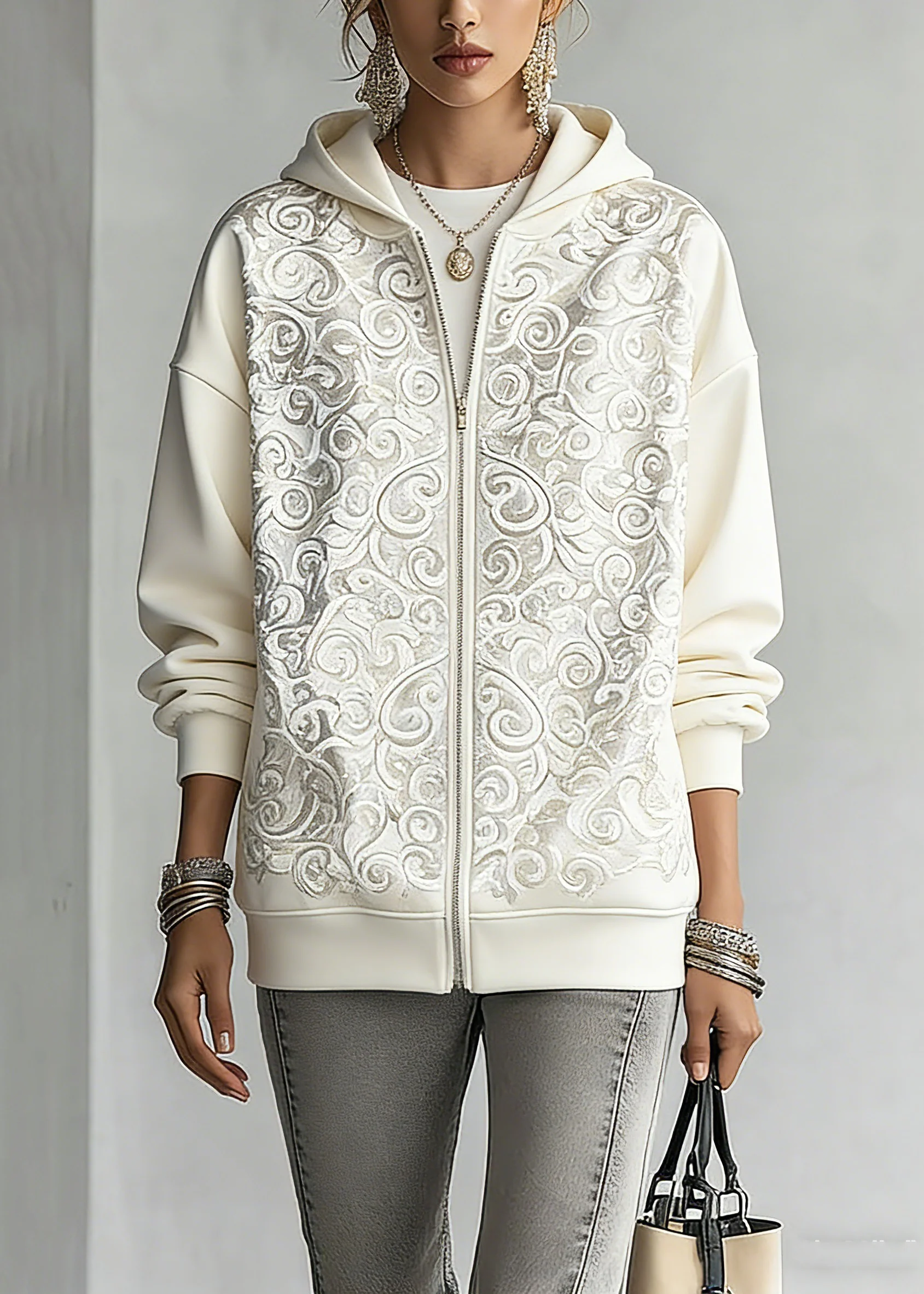 Fashion White Print Zippered Hoodies Fall Outwear - Image 5