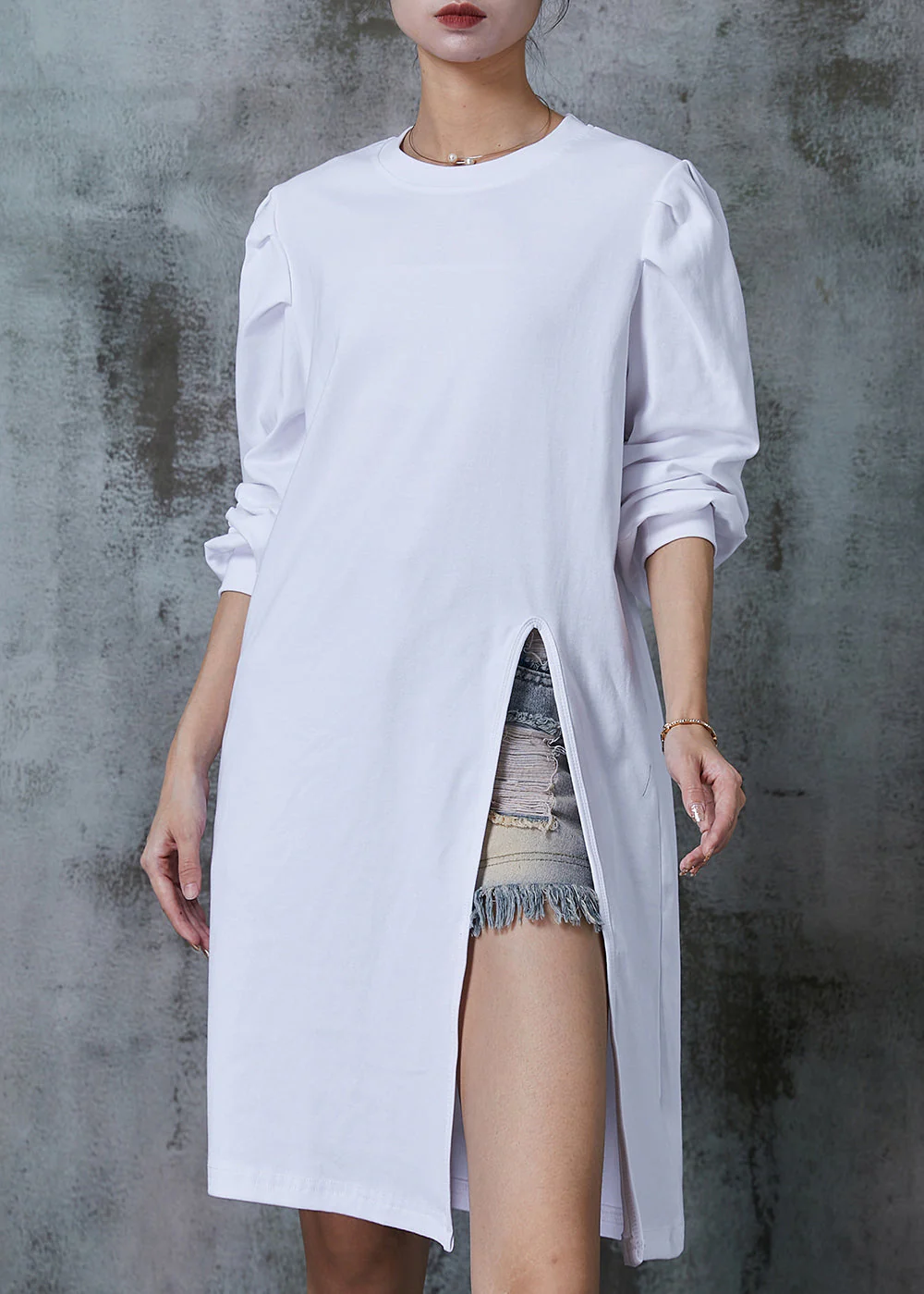 Fashion White Puff Sleeve Side Open Cotton Dress Spring