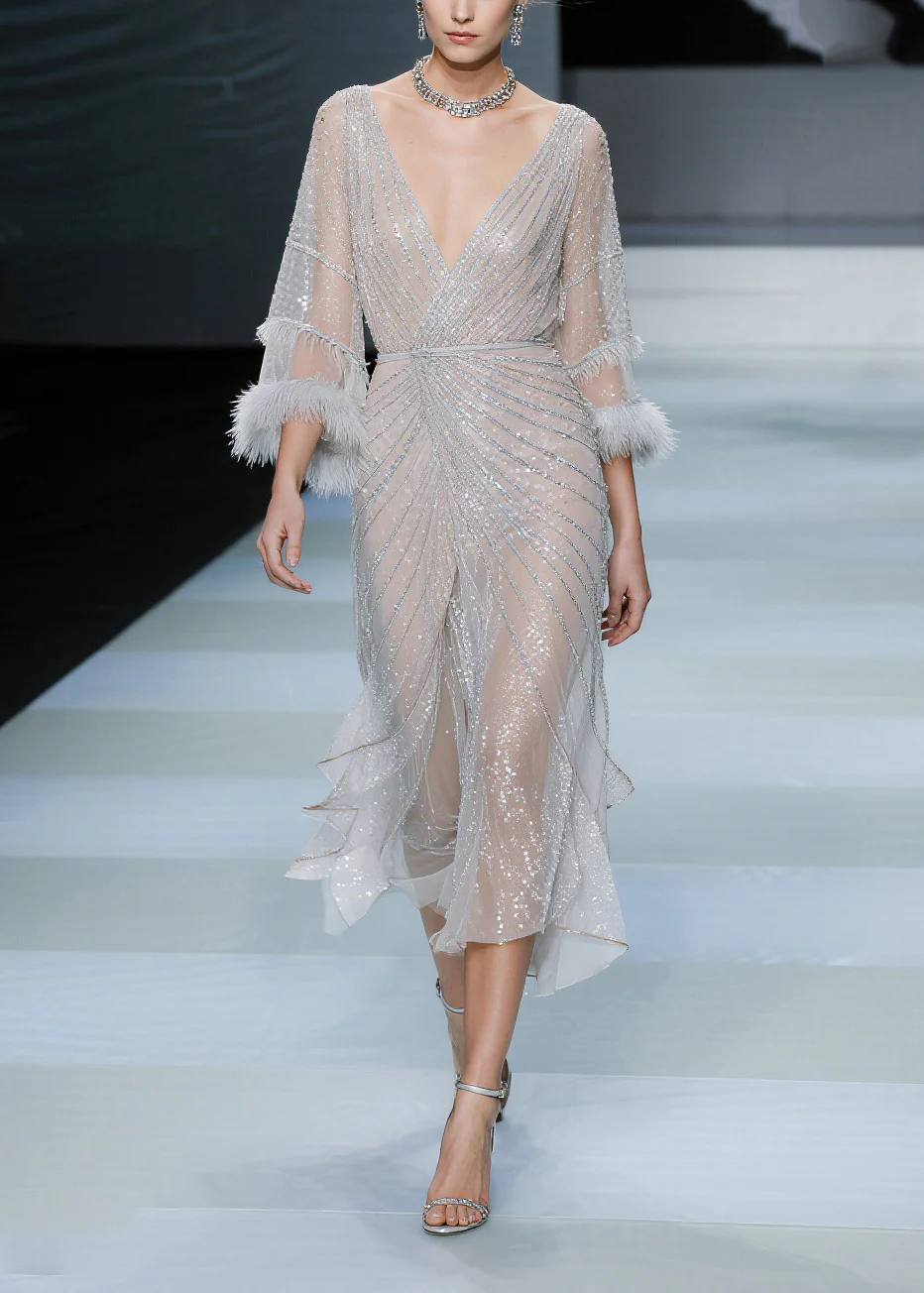 Fashion White Sequins Patchwork Faux Fur Tulle Dresses Summer - Image 5