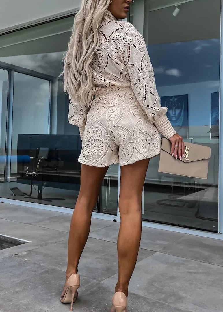 Fashion White Stand Collar Hollow Out Lace Two Pieces Set Summer - Image 5