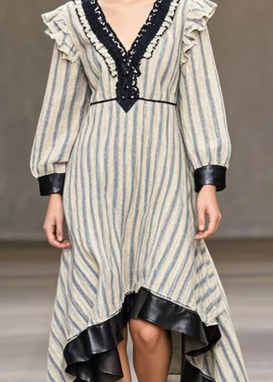 Fashion White Striped Patchwork Exra Large Hem Silk Velvet Dresses Spring - Image 2