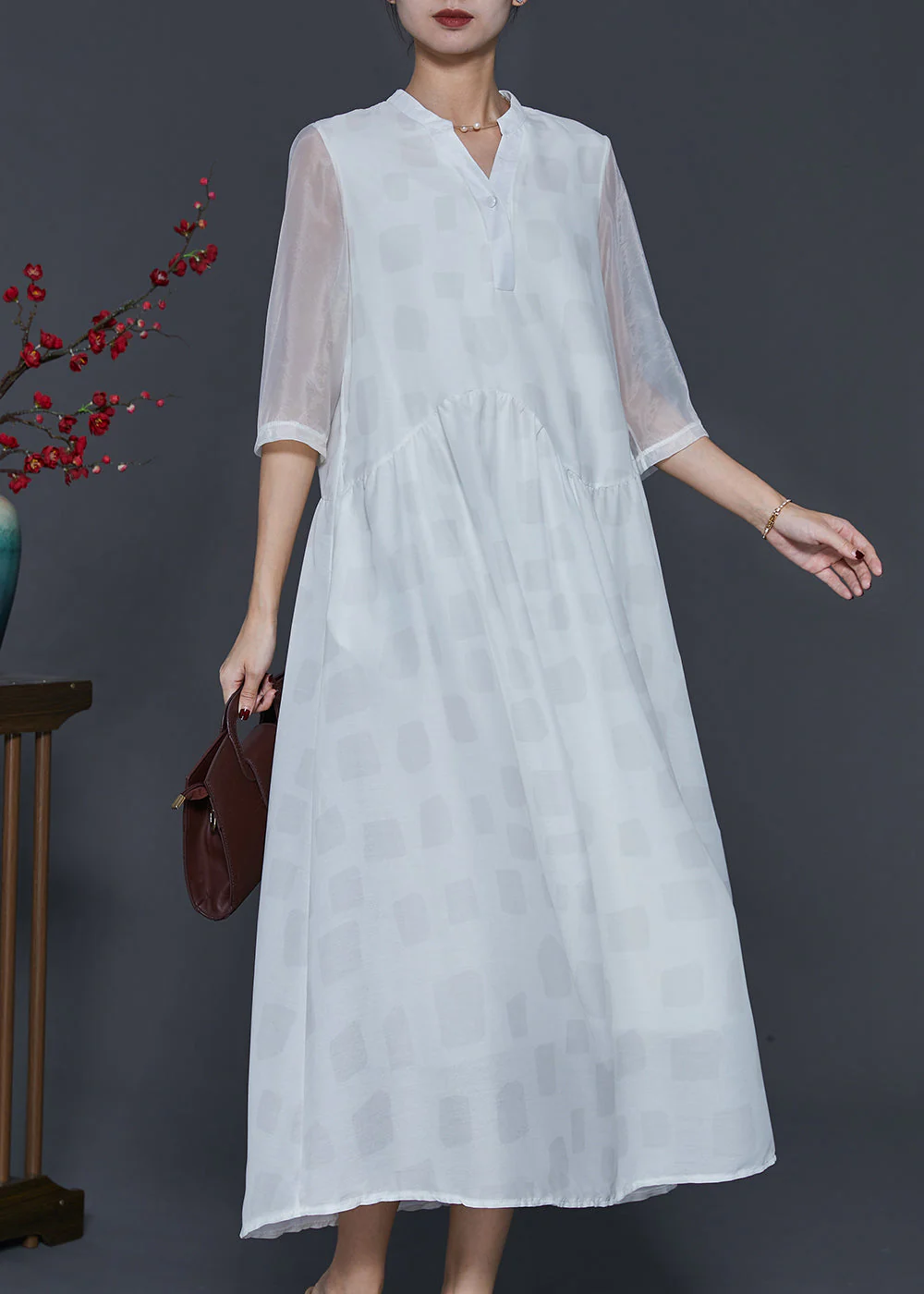 Fashion White V Neck Draping Silk Long Dresses Half Sleeve - Image 2