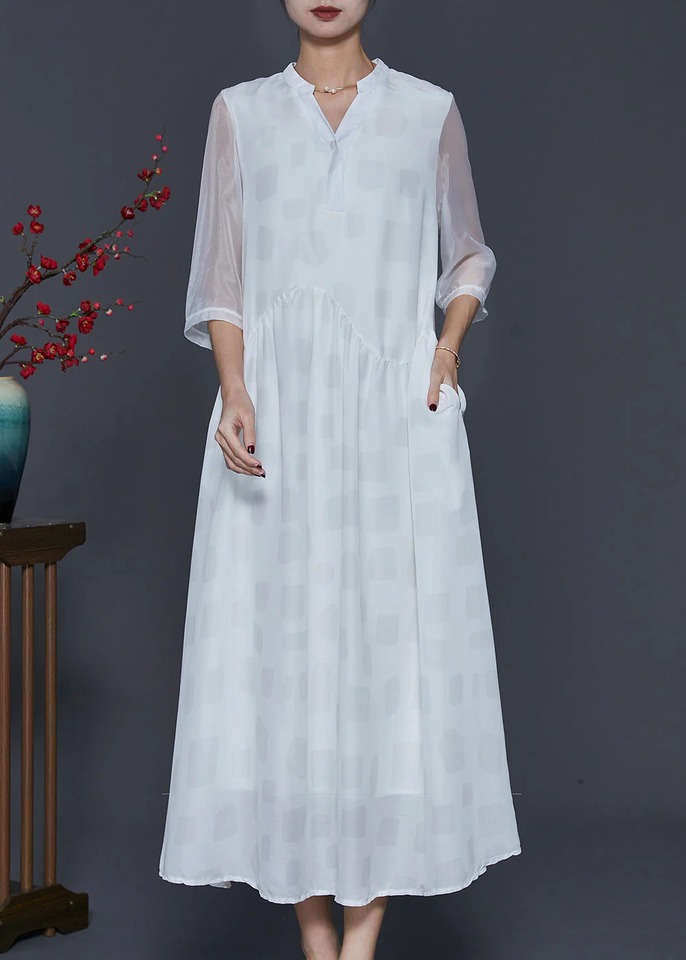 Fashion White V Neck Draping Silk Long Dresses Half Sleeve - Image 3