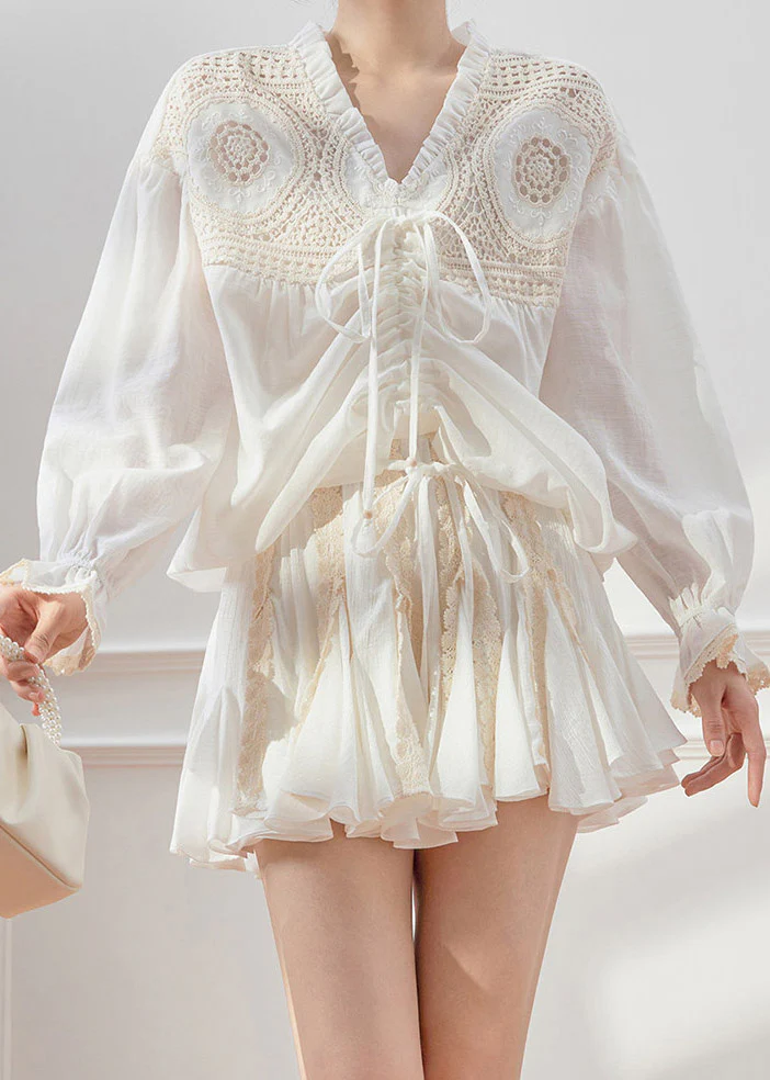 Fashion White V Neck Drawstring Shirt And Skirts Two Piece Set Spring - Image 4