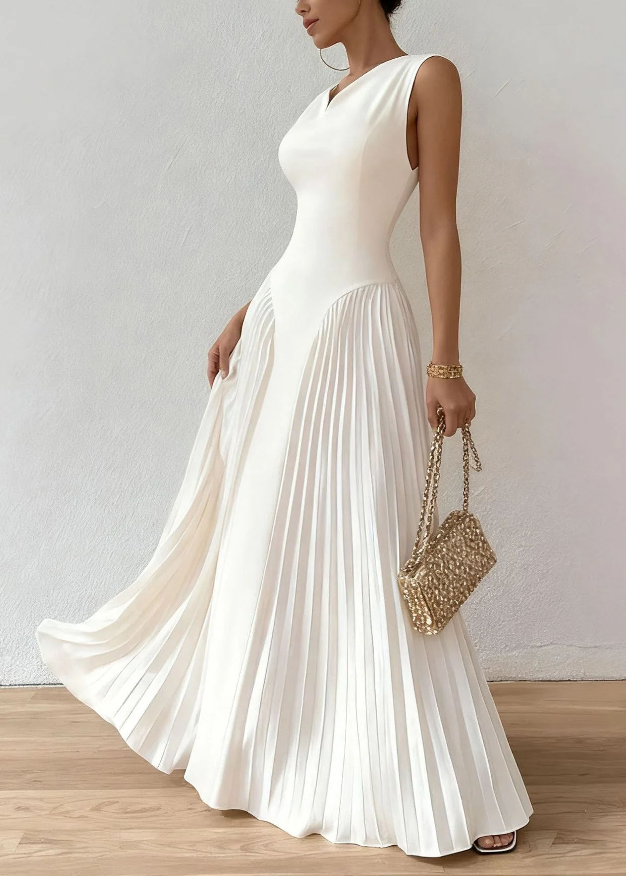 Fashion White Wrinkled High Waist Cotton Party Dress Summer - Image 3