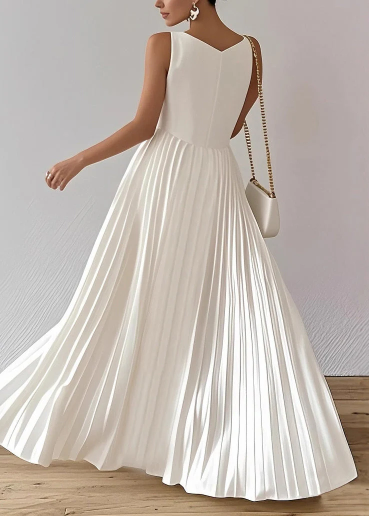 Fashion White Wrinkled High Waist Cotton Party Dress Summer - Image 4